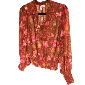 Joie Floral Sheer Blouse Size M Boho Romantic Long Sleeve